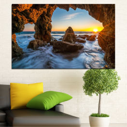 Sea, Landscape, Beach, Water, Sunset, Coast, Ocean, Island, Rocks, Cave, Coastline, Travel, Vacation, Rock, Tourism, Shore, Cliff, Geological formation