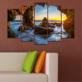 Sea, Landscape, Beach, Water, Sunset, Coast, Ocean, Island, Rocks, Cave, Coastline, Travel, Vacation, Rock, Tourism, Shore, Cliff, Geological formation
