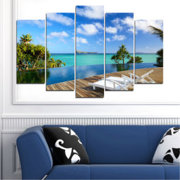 Sea, Landscape, Beach, Water, Sun, Coast, Tree, Summer, Ocean, Paradise, Bay, Sky, Palm, Sunny, Island, Wave, Turquoise, Sand, Tropical, Coastline, Travel, Holiday, Vacation, Shore, Resort, Deck