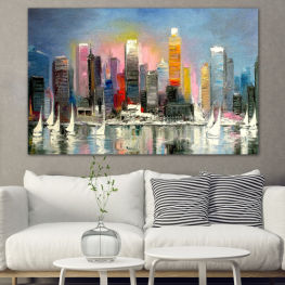 Artwork, Art, Modern, City, Cityscape, Dusk, River, Night, Architecture, Skyscraper, Building, Tower, Metropolis, Evening, Urban, Business, Skyline, Downtown, Office, Jigsaw puzzle, Tall