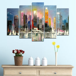 Artwork, Art, Modern, City, Cityscape, Dusk, River, Night, Architecture, Skyscraper, Building, Tower, Metropolis, Evening, Urban, Business, Skyline, Downtown, Office, Jigsaw puzzle, Tall