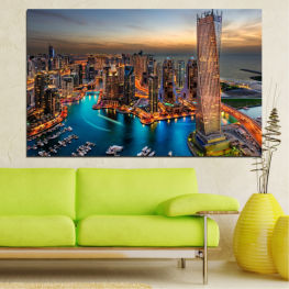 Water, Sunset, City, Dubai, Cityscape, Lights, Landmark, River, Night, Architecture, Skyscraper, Building, Waterfront, Tower, Evening, Urban, Business, Skyline, Downtown, Business district, Buildings, Office