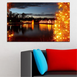 Landscape, Water, Sunset, Forest, Tree, Lake, City, Light, Decoration, Lights, Reflection, River, Night, Christmas, Travel, Building, Scenic, Evening, Lighting, Apparatus, Equipment