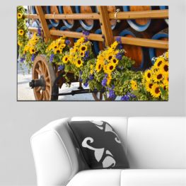 Flowers, Flower, Garden, Summer, Sunflower, Decoration, Colorful, Plant, Wagon, Holiday, Yellow, Structure, Outdoor, Covering, Container, Clog, Footwear, Chair, Seat, Patio, Rocking chair