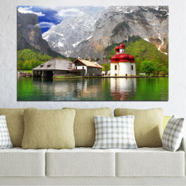 Landscape, Water, Lake, Mountain, Mountains, River, House, Snow, Outdoors, Boat, Park, Travel, Building, Structure, Scenic, Tourism, Boathouse, Shed, Outbuilding