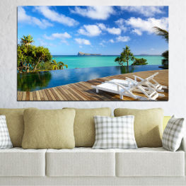 Sea, Landscape, Beach, Water, Sun, Coast, Tree, Summer, Ocean, Paradise, Bay, Sky, Palm, Sunny, Island, Wave, Turquoise, Sand, Tropical, Coastline, Travel, Holiday, Vacation, Shore, Resort, Deck