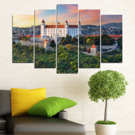 Landscape, Sunrise, Trees, City, Sky, Cityscape, Landmark, Architecture, Castle, Europe, Park, Clouds, Travel, Town, Ancient, Building, Vacation, Church, Structure, Tower, Bratislava, Picturesque, Outdoor, Tourism, Historic, Palace, History, Attraction, Fortification, Defensive structure