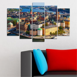 Panorama, City, Cityscape, Ship, Landmark, Architecture, Capital, Sweden, Travel, Town, Building, Waterfront, Urban, Skyline, Tourism, Buildings, Harbor, Aerial, Cargo ship, Container ship