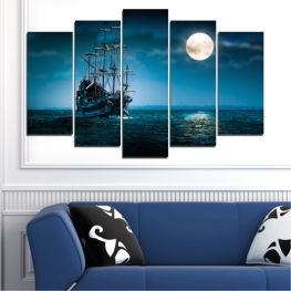 Sea, Water, Ocean, Ship, Moon, Night, Vehicle, Boat, Port, Vessel, Power, Craft, Harbor, Tall, Sail, Pirate, Sailing, Mast, Nautical, Industry, Sailboat