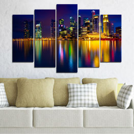 Water, Modern, City, Cityscape, Lights, Reflection, Dusk, River, Night, Architecture, Bridge, Skyscraper, Singapore, Аsia, Building, Waterfront, Tower, Evening, Urban, Skyline, Downtown, Business district, Buildings