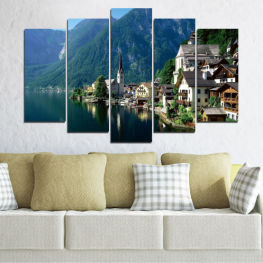 Landscape, Nature, Water, Forest, Lake, Mountain, City, Reflection, Mountains, River, House, Park, Austria, Travel, Building, Peak, Tourism, Shore, Boathouse, Shed, Outbuilding, Channel, Lakeside