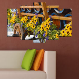 Flowers, Flower, Garden, Summer, Sunflower, Decoration, Colorful, Plant, Wagon, Holiday, Yellow, Structure, Outdoor, Covering, Container, Clog, Footwear, Chair, Seat, Patio, Rocking chair