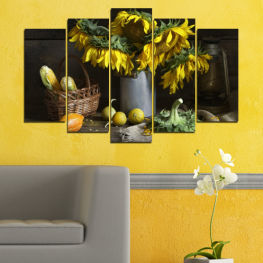 Flowers, Spring, Flower, Bouquet, Still life, Flora, Sunflower, Decoration, Culinary, Leaf, Leaves, Plant, Color, Blossom, Food, Orange, Fruit, Yellow, Floral, Edible fruit, Produce, Citrus, Lemon