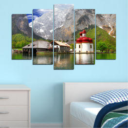 Landscape, Water, Lake, Mountain, Mountains, River, House, Snow, Outdoors, Boat, Park, Travel, Building, Structure, Scenic, Tourism, Boathouse, Shed, Outbuilding