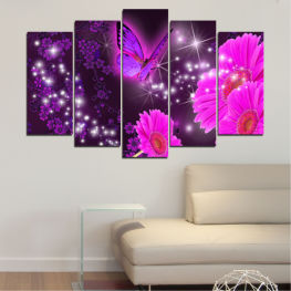 Flowers, Butterfly, Lilac, Collage, Light, Decoration, Star, Graphic, Gerbera, Snow, Winter, Design, Holiday, Bright, Stars, Ornament, Season, Pattern, Backdrop, Wallpaper, Year, Card