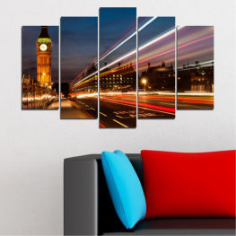 Modern, City, Light, Sky, Lights, Landmark, Night, London, Capital, Travel, Road, Big ben, Building, Motion, Street, Urban, Transport, Speed, Time, Transportation, Traffic, Fast, Asphalt, Blur, Highway
