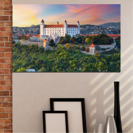 Landscape, Sunrise, Trees, City, Sky, Cityscape, Landmark, Architecture, Castle, Europe, Park, Clouds, Travel, Town, Ancient, Building, Vacation, Church, Structure, Tower, Bratislava, Picturesque, Outdoor, Tourism, Historic, Palace, History, Attraction, Fortification, Defensive structure