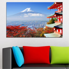 Пейзаж, Гора, Дърво, Планина, Град, Планинска област, Естествен, Есен, Къща, Япония, Парк, Облаци, Пътуване, Портокал, Жълт, Азия, Падане, Сезон, На открито, Пейзаж, Клен, Вулкан, Бутилка-дърво