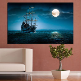 Sea, Water, Ocean, Ship, Moon, Night, Vehicle, Boat, Port, Vessel, Power, Craft, Harbor, Tall, Sail, Pirate, Sailing, Mast, Nautical, Industry, Sailboat